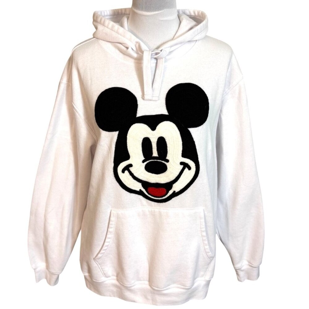 Disney Mickey Mouse White Hoodie Size XL Pullover Sweatshirt Chunky Knit Embroid
